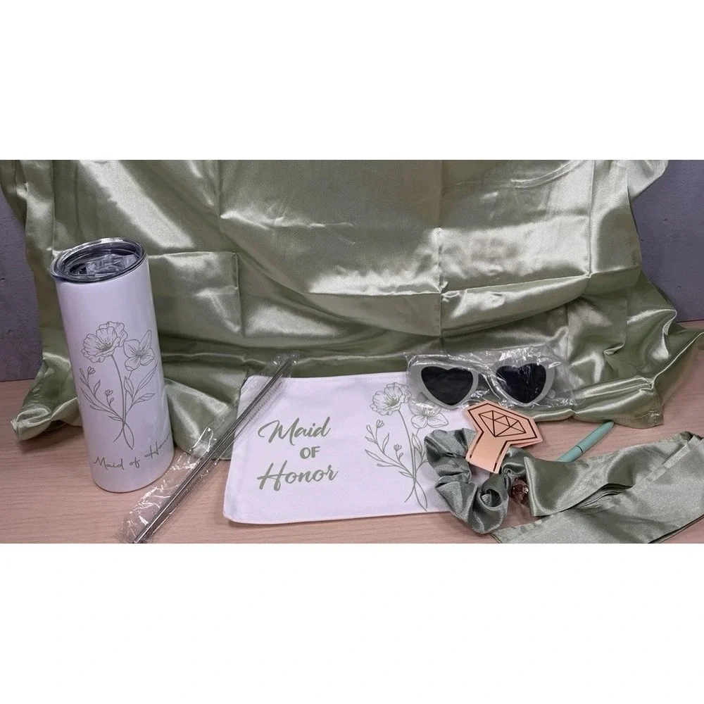 Maid‎ Of Honor Gift Set Sage Green Stainless Steel Tumbler / Pen / Hair Tie